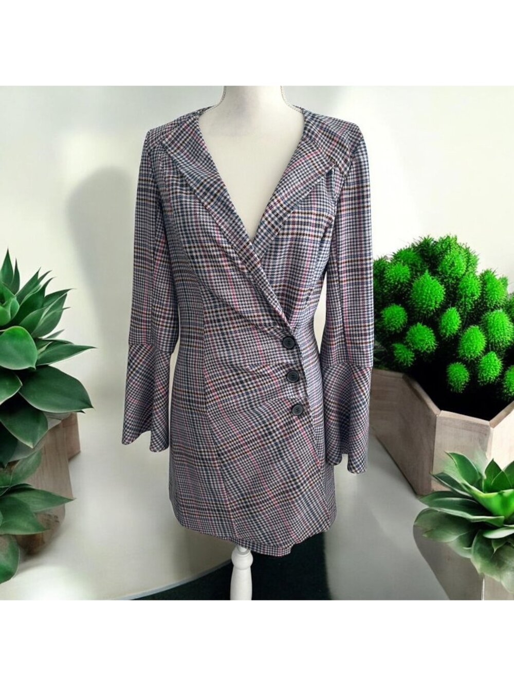 PARKER Plaid Side Button Blazer Dress Size 8